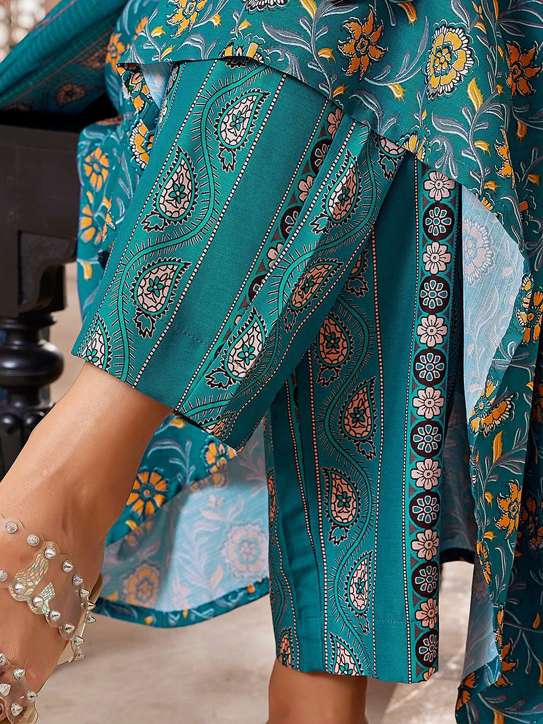 Teal Blue Floral Printed n Embroided Flared Viscose Kurta Pant with Dupatta, 3pc, TK201
