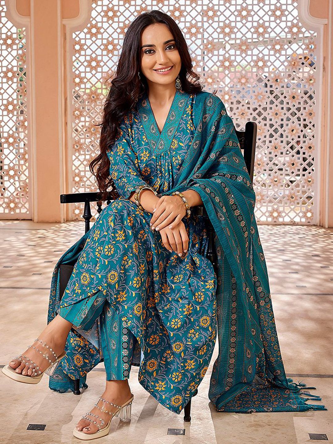 Teal Blue Floral Printed n Embroided Flared Viscose Kurta Pant with Dupatta, 3pc, TK201