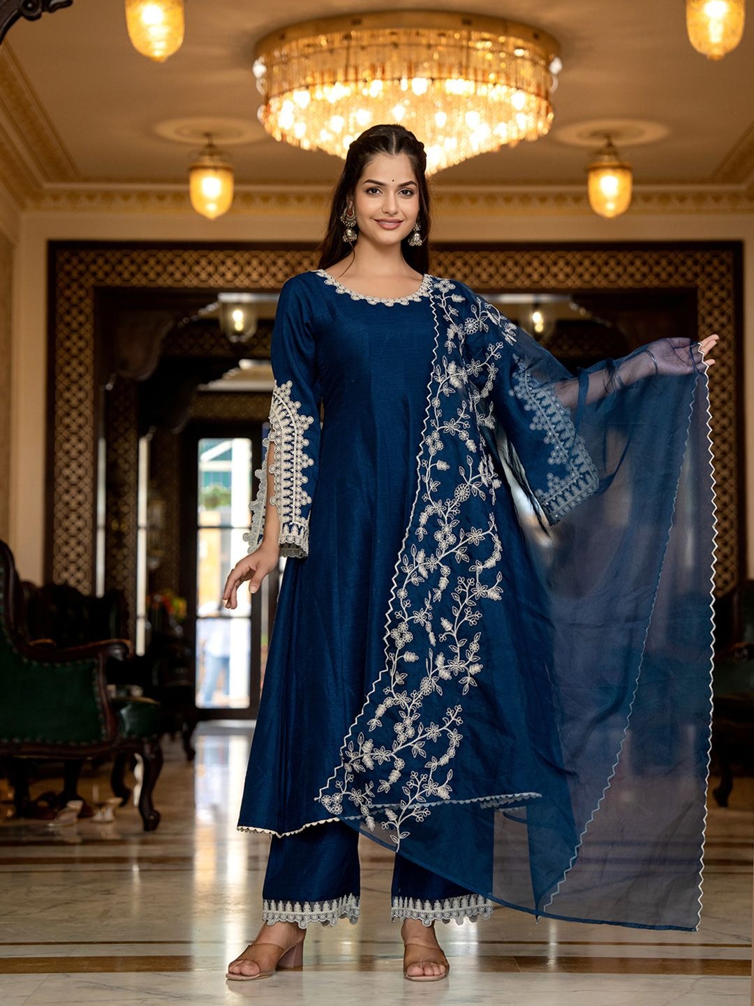 Designer Silk Blend Solid Embroidered Anarkali Suit Set
