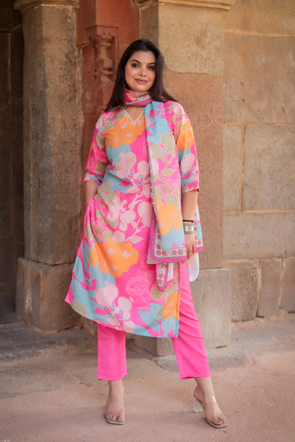 Premium & Soft Pink Floral Printed Kurta with Pants & Dupatta with Hand-work on neck, 3pc set