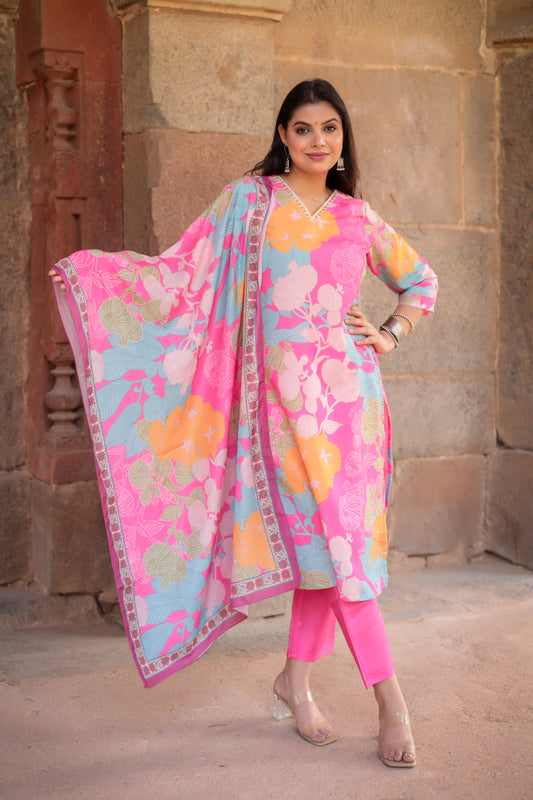 Premium & Soft Pink Floral Printed Kurta with Pants & Dupatta with Hand-work on neck, 3pc set