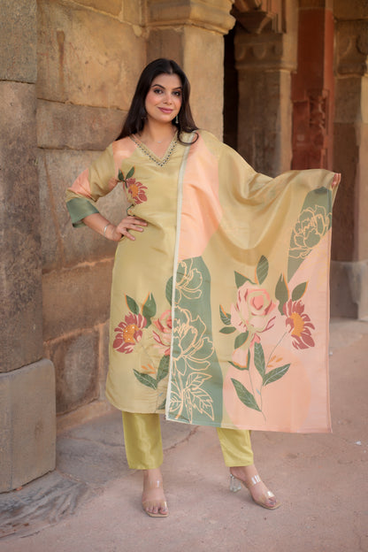Goldenish Printed Kurta on Tissue Silk with Hand-work on neck along with Pants & Dupatta, 3pc set