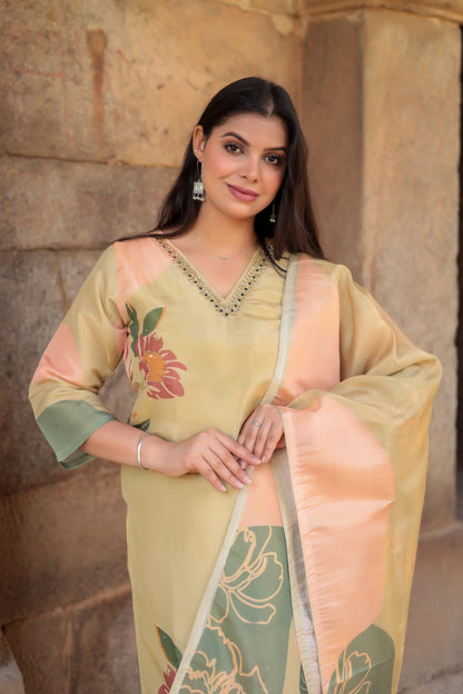 Goldenish Printed Kurta on Tissue Silk with Hand-work on neck along with Pants & Dupatta, 3pc set