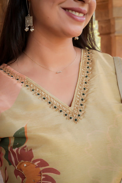Goldenish Printed Kurta on Tissue Silk with Hand-work on neck along with Pants & Dupatta, 3pc set