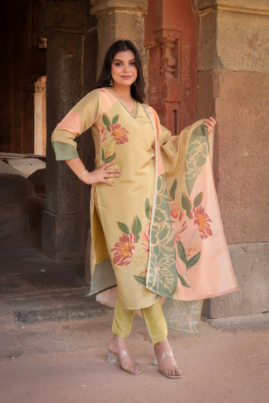 Goldenish Printed Kurta on Tissue Silk with Hand-work on neck along with Pants & Dupatta, 3pc set