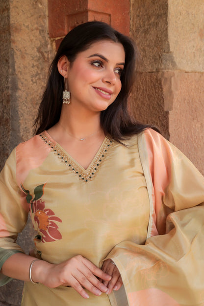 Goldenish Printed Kurta on Tissue Silk with Hand-work on neck along with Pants & Dupatta, 3pc set