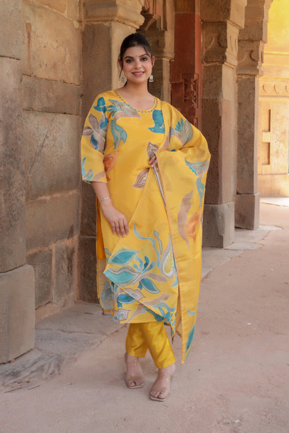 Yellow Printed Tissue Silk Kurta with Pants & Dupatta and Hand-work on neck, 3pc set