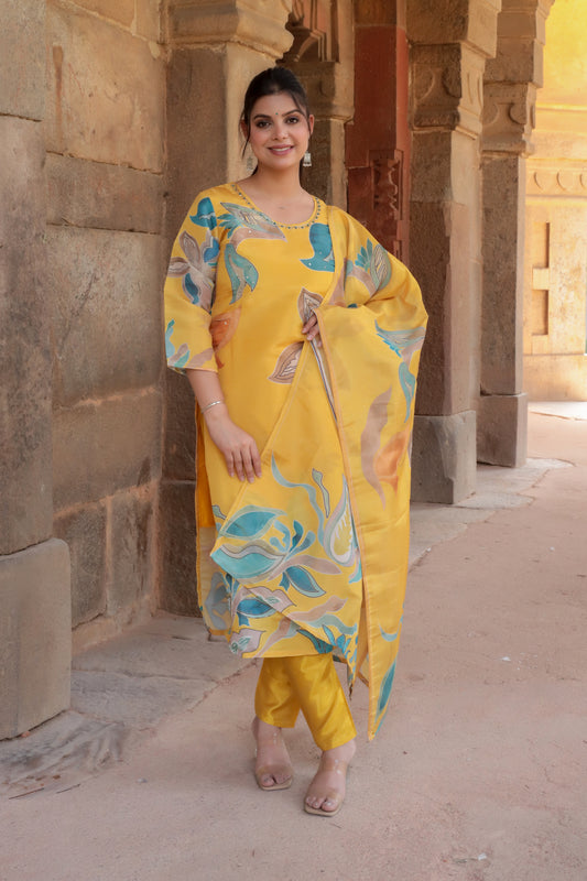 Yellow Printed Tissue Silk Kurta with Pants & Dupatta and Hand-work on neck, 3pc set