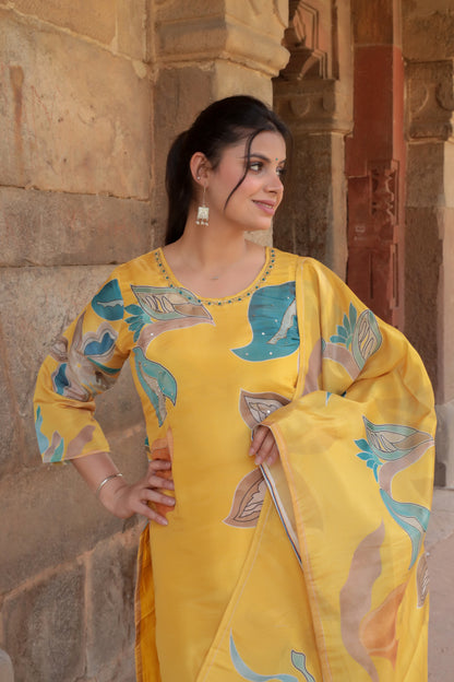 Yellow Printed Tissue Silk Kurta with Pants & Dupatta and Hand-work on neck, 3pc set