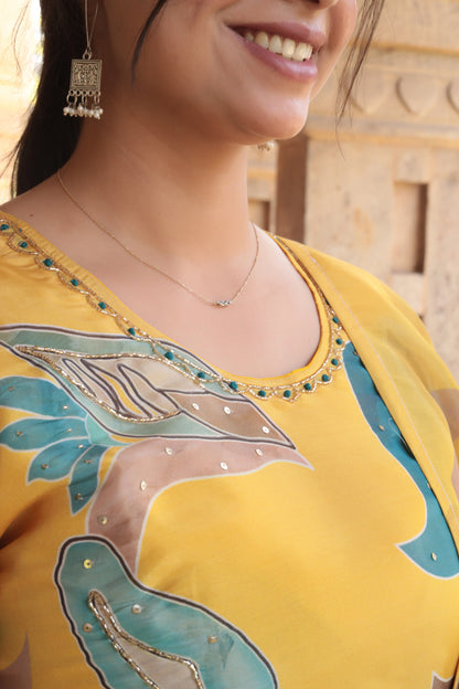 Yellow Printed Tissue Silk Kurta with Pants & Dupatta and Hand-work on neck, 3pc set