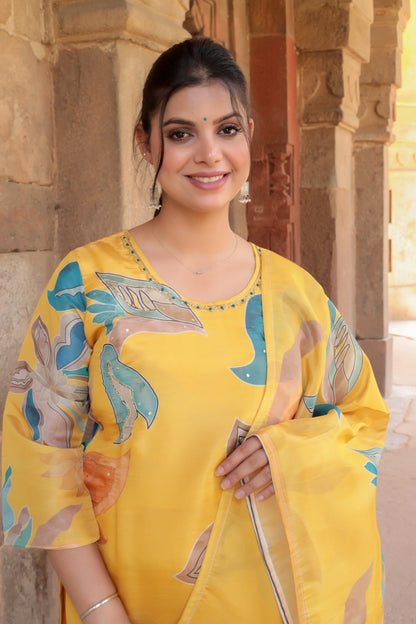 Yellow Printed Tissue Silk Kurta with Pants & Dupatta and Hand-work on neck, 3pc set