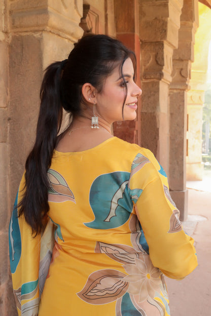 Yellow Printed Tissue Silk Kurta with Pants & Dupatta and Hand-work on neck, 3pc set