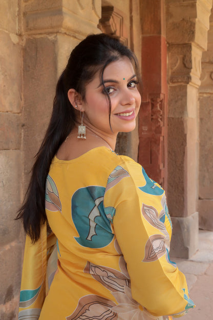 Yellow Printed Tissue Silk Kurta with Pants & Dupatta and Hand-work on neck, 3pc set