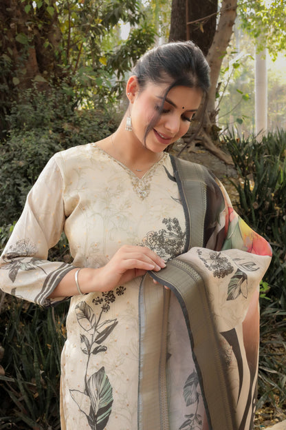 Creme-Black Premium Printed Kurta with Hand-work on neck along with Pants & Dupatta, 3pc set