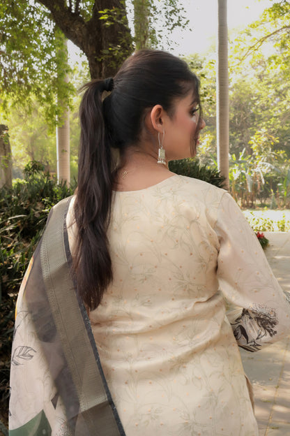 Creme-Black Premium Printed Kurta with Hand-work on neck along with Pants & Dupatta, 3pc set
