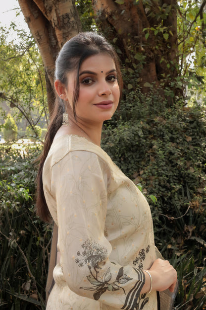 Creme-Black Premium Printed Kurta with Hand-work on neck along with Pants & Dupatta, 3pc set