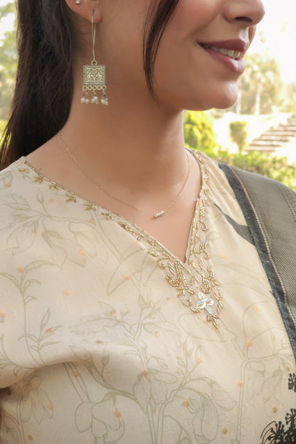 Creme-Black Premium Printed Kurta with Hand-work on neck along with Pants & Dupatta, 3pc set