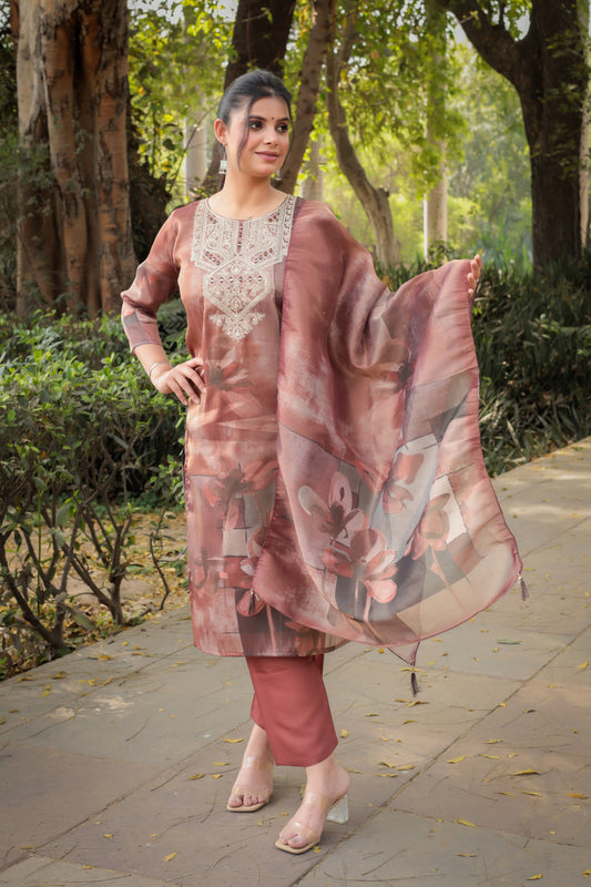 Brown Printed Tissue Silk Kurta with Mirror-work along with Pants & Dupatta, 3pc set