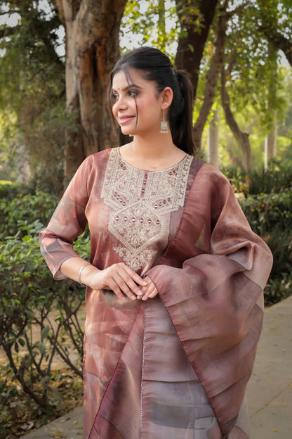 Brown Printed Tissue Silk Kurta with Mirror-work along with Pants & Dupatta, 3pc set