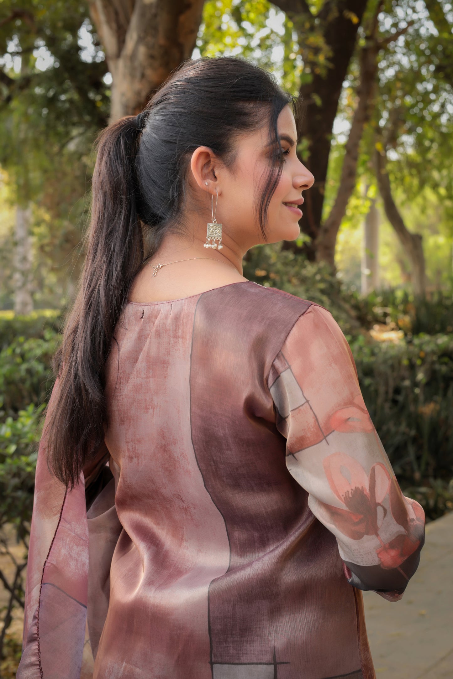 Brown Printed Tissue Silk Kurta with Mirror-work along with Pants & Dupatta, 3pc set