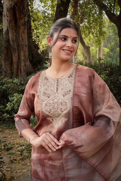 Brown Printed Tissue Silk Kurta with Mirror-work along with Pants & Dupatta, 3pc set