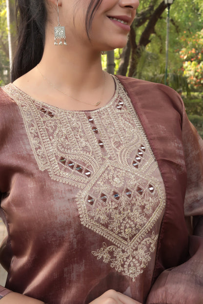 Brown Printed Tissue Silk Kurta with Mirror-work along with Pants & Dupatta, 3pc set