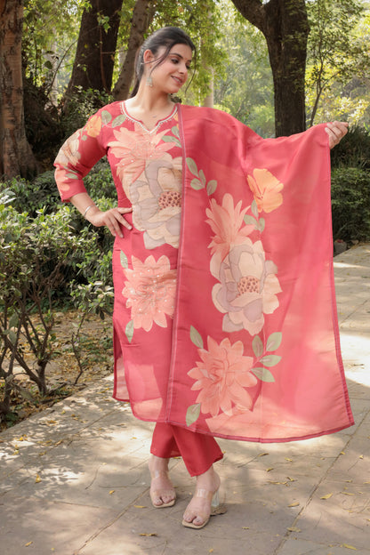 Red Printed Tissue Silk Kurta with Hand-work on neck along with Pants & Dupatta, 3pc set