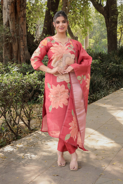 Red Printed Tissue Silk Kurta with Hand-work on neck along with Pants & Dupatta, 3pc set