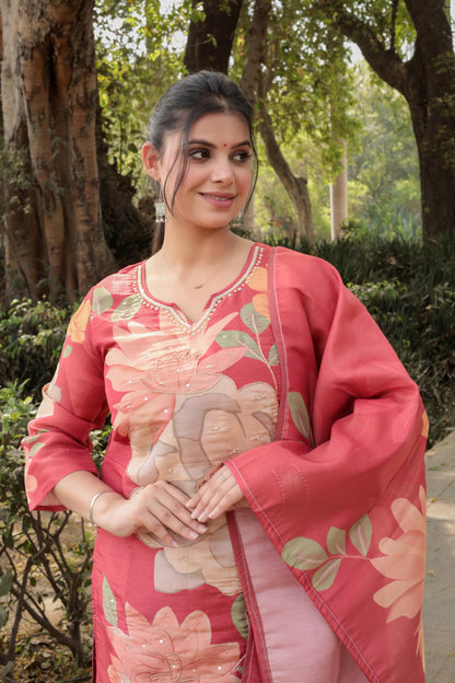 Red Printed Tissue Silk Kurta with Hand-work on neck along with Pants & Dupatta, 3pc set