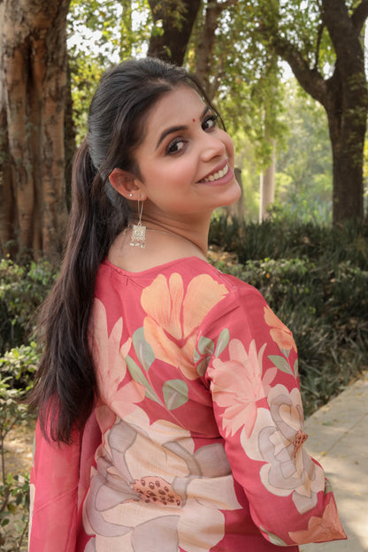 Red Printed Tissue Silk Kurta with Hand-work on neck along with Pants & Dupatta, 3pc set