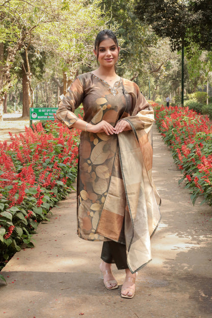 Metal brown 3D Printed Tissue Silk Kurta with Hand-work on neck along with Pants & Dupatta, 3pc set