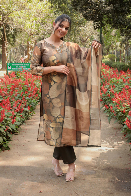 Metal brown 3D Printed Tissue Silk Kurta with Hand-work on neck along with Pants & Dupatta, 3pc set