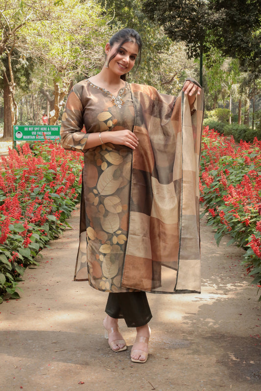 Metal brown 3D Printed Tissue Silk Kurta with Hand-work on neck along with Pants & Dupatta, 3pc set