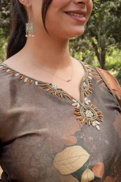 Metal brown 3D Printed Tissue Silk Kurta with Hand-work on neck along with Pants & Dupatta, 3pc set