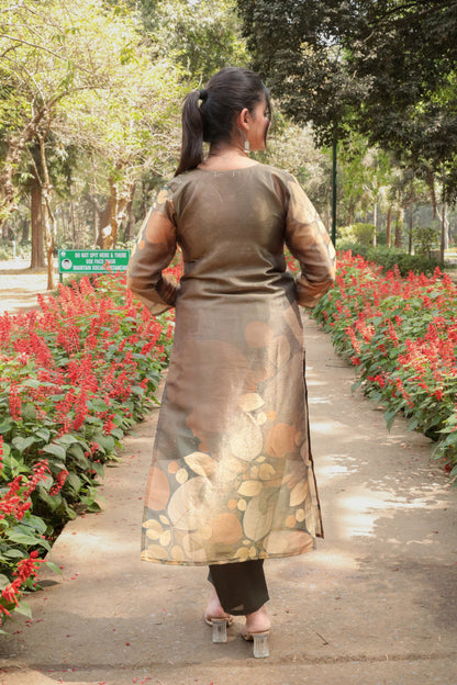Metal brown 3D Printed Tissue Silk Kurta with Hand-work on neck along with Pants & Dupatta, 3pc set