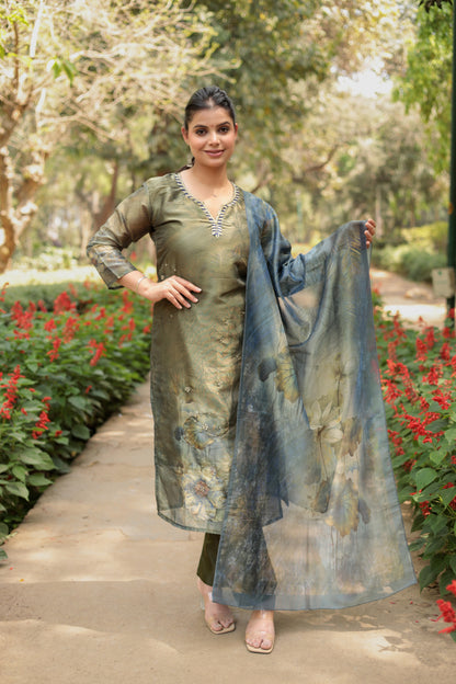 Shiny Green Tissue Silk printed Kurta with hand-work along with Pants & Dupatta, 3pc set
