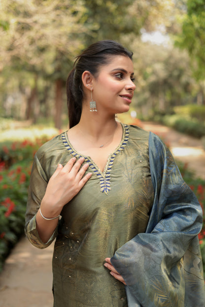 Shiny Green Tissue Silk printed Kurta with hand-work along with Pants & Dupatta, 3pc set