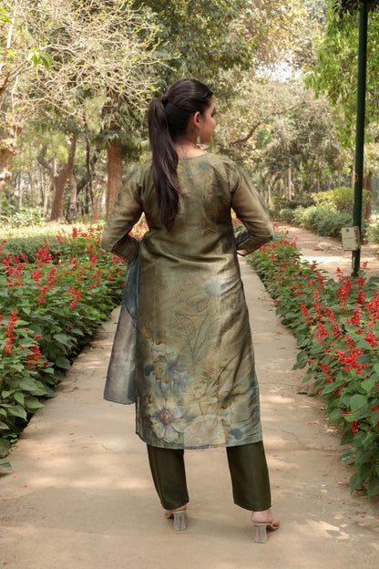 Shiny Green Tissue Silk printed Kurta with hand-work along with Pants & Dupatta, 3pc set