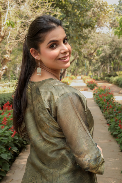 Shiny Green Tissue Silk printed Kurta with hand-work along with Pants & Dupatta, 3pc set