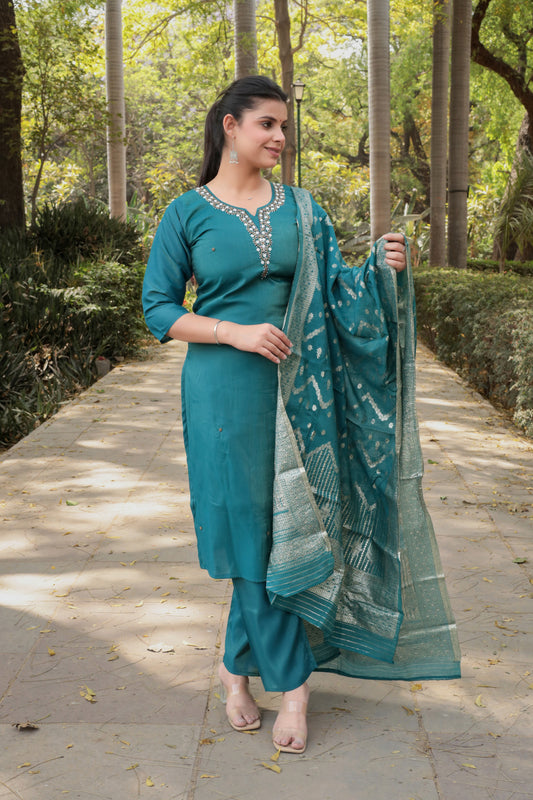 Teal Blue Solid Kurta with Hand-work on neck and Weaved Dupatta & Pants, 3pc set