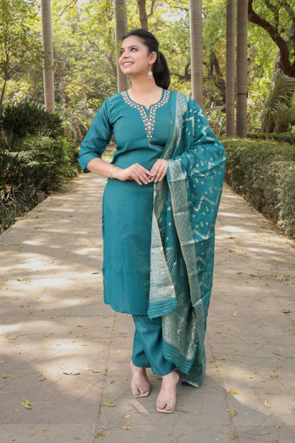 Teal Blue Solid Kurta with Hand-work on neck and Weaved Dupatta & Pants, 3pc set