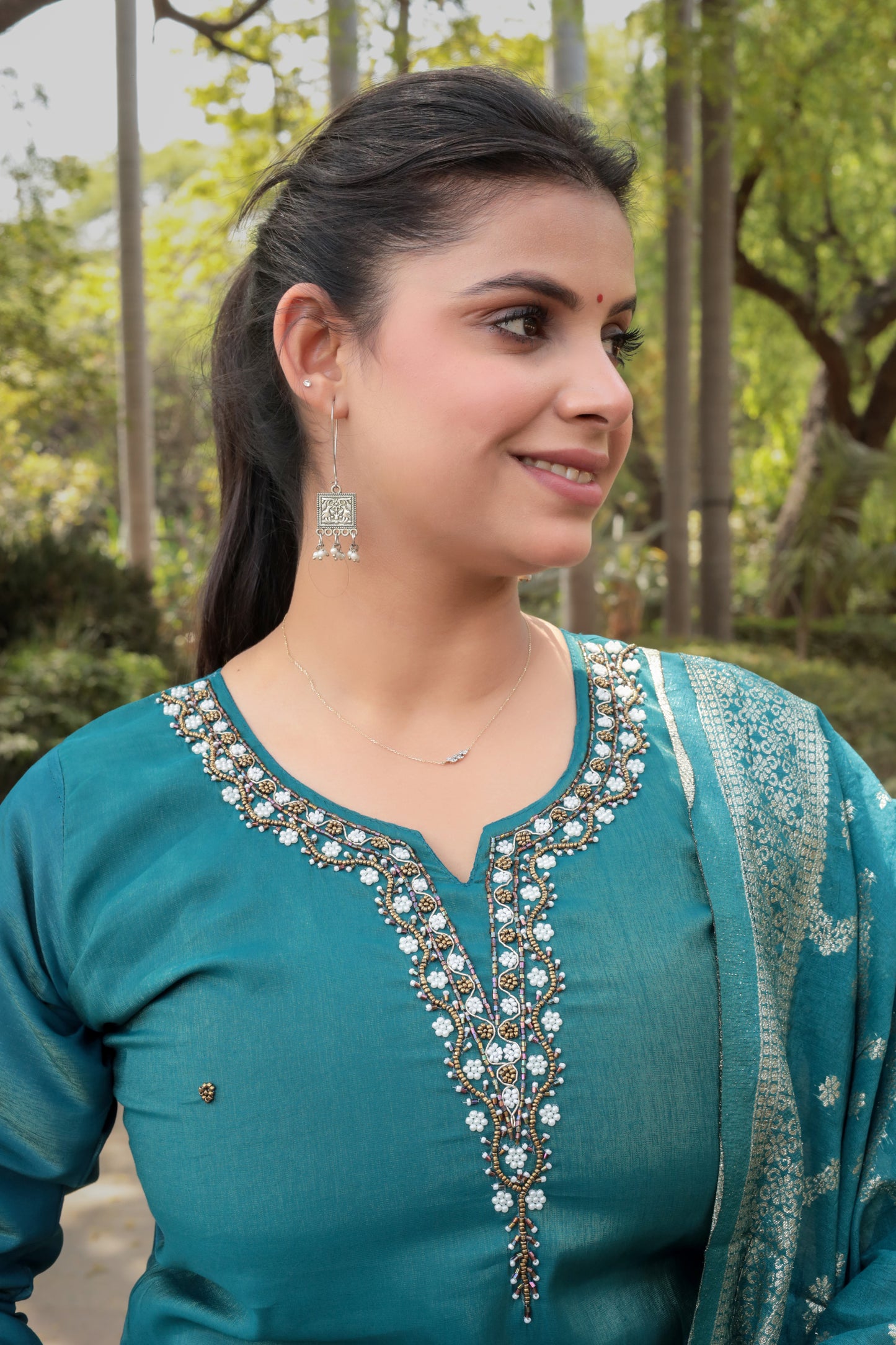 Teal Blue Solid Kurta with Hand-work on neck and Weaved Dupatta & Pants, 3pc set