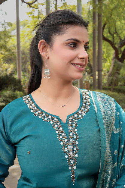 Teal Blue Solid Kurta with Hand-work on neck and Weaved Dupatta & Pants, 3pc set