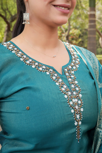 Teal Blue Solid Kurta with Hand-work on neck and Weaved Dupatta & Pants, 3pc set