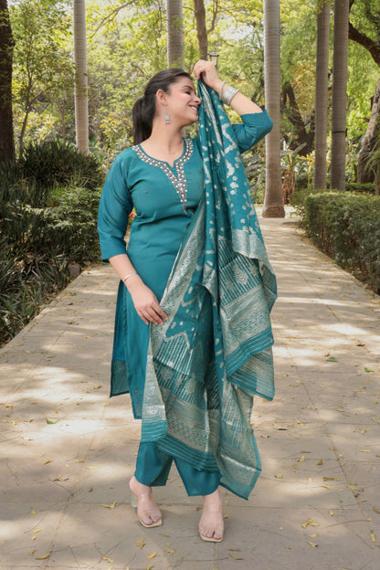 Teal Blue Solid Kurta with Hand-work on neck and Weaved Dupatta & Pants, 3pc set