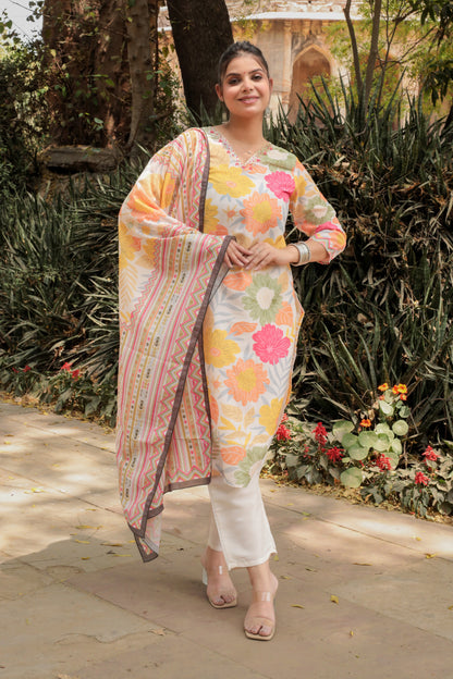 Premium & Soft Multicolor Printed Kurta with Pants & Dupatta with hand-work on neck, 3pc set