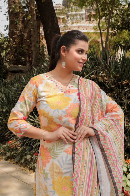 Premium & Soft Multicolor Printed Kurta with Pants & Dupatta with hand-work on neck, 3pc set