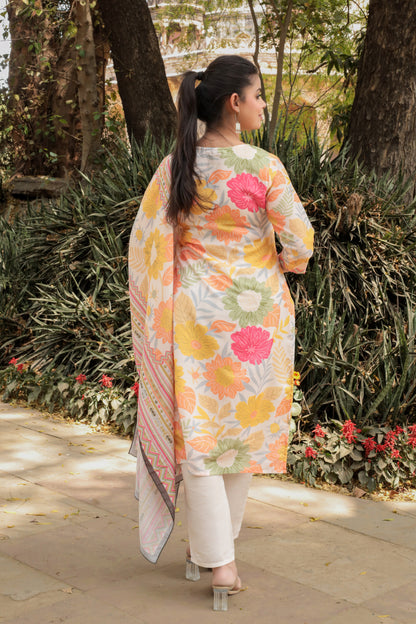 Premium & Soft Multicolor Printed Kurta with Pants & Dupatta with hand-work on neck, 3pc set