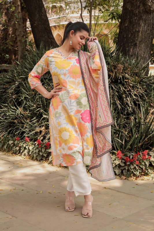 Premium & Soft Multicolor Printed Kurta with Pants & Dupatta with hand-work on neck, 3pc set