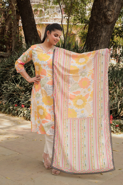 Premium & Soft Multicolor Printed Kurta with Pants & Dupatta with hand-work on neck, 3pc set